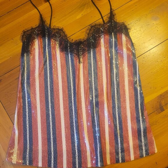 ZARA Sequined Lace Neckline Spaghetti Strap Blouse - Blue/Red/Black/Cream - Sz M - Picture 7 of 14